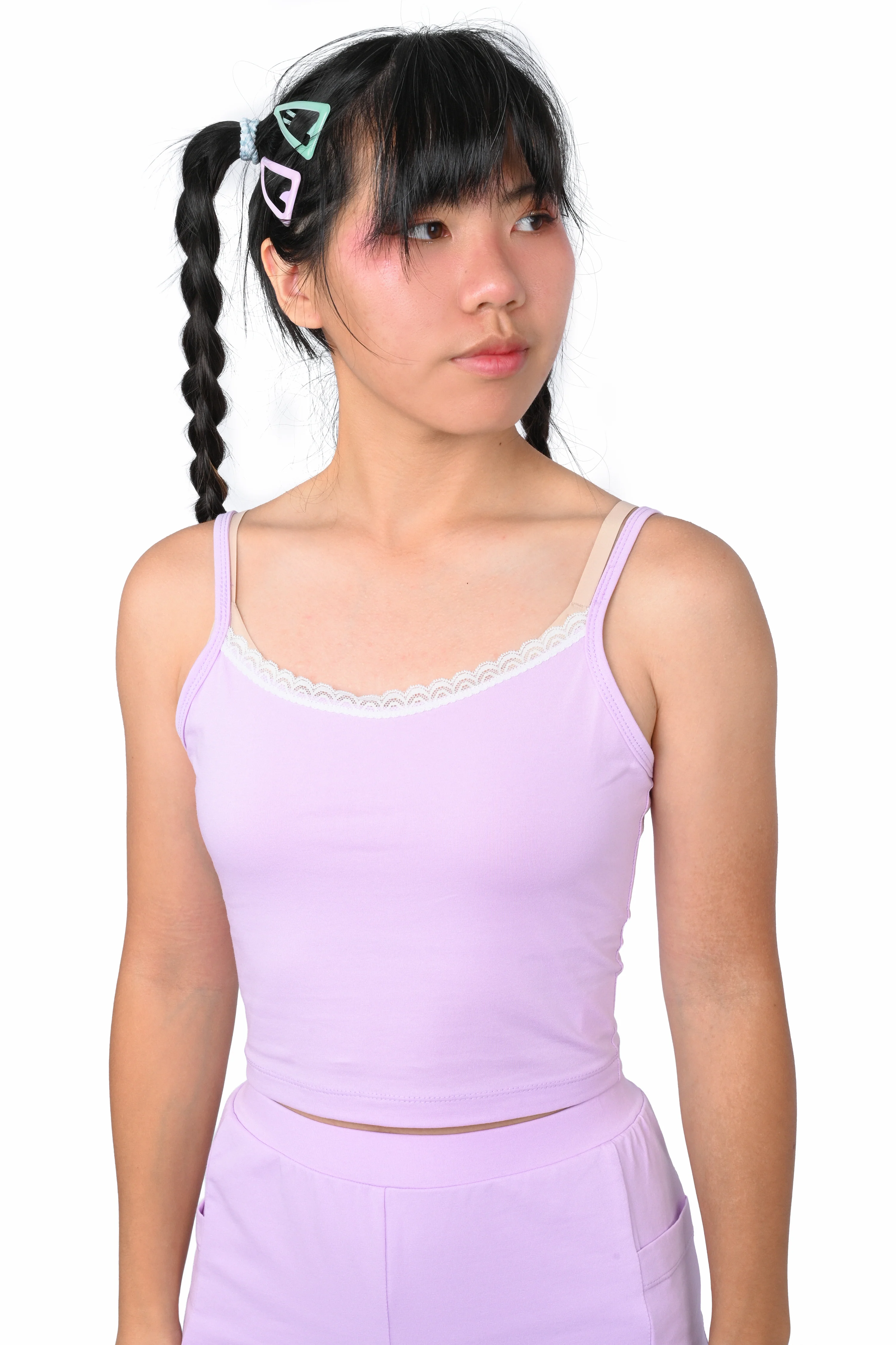 Basics Long Sleeve Mesh Top and Cami Set - Mint/Lavender - Image 3