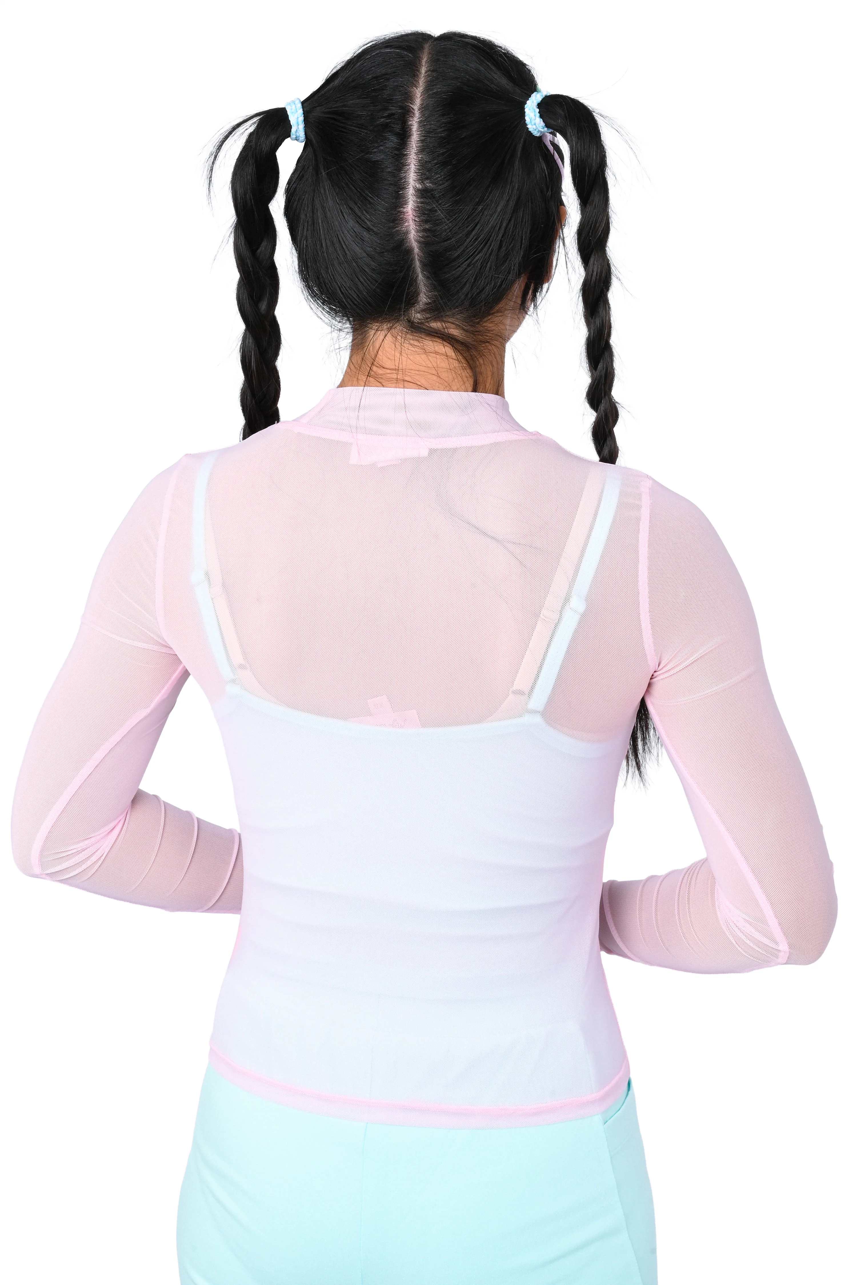Basics Long Sleeve Mesh Top and Cami Set - Pink/Mint - Image 3