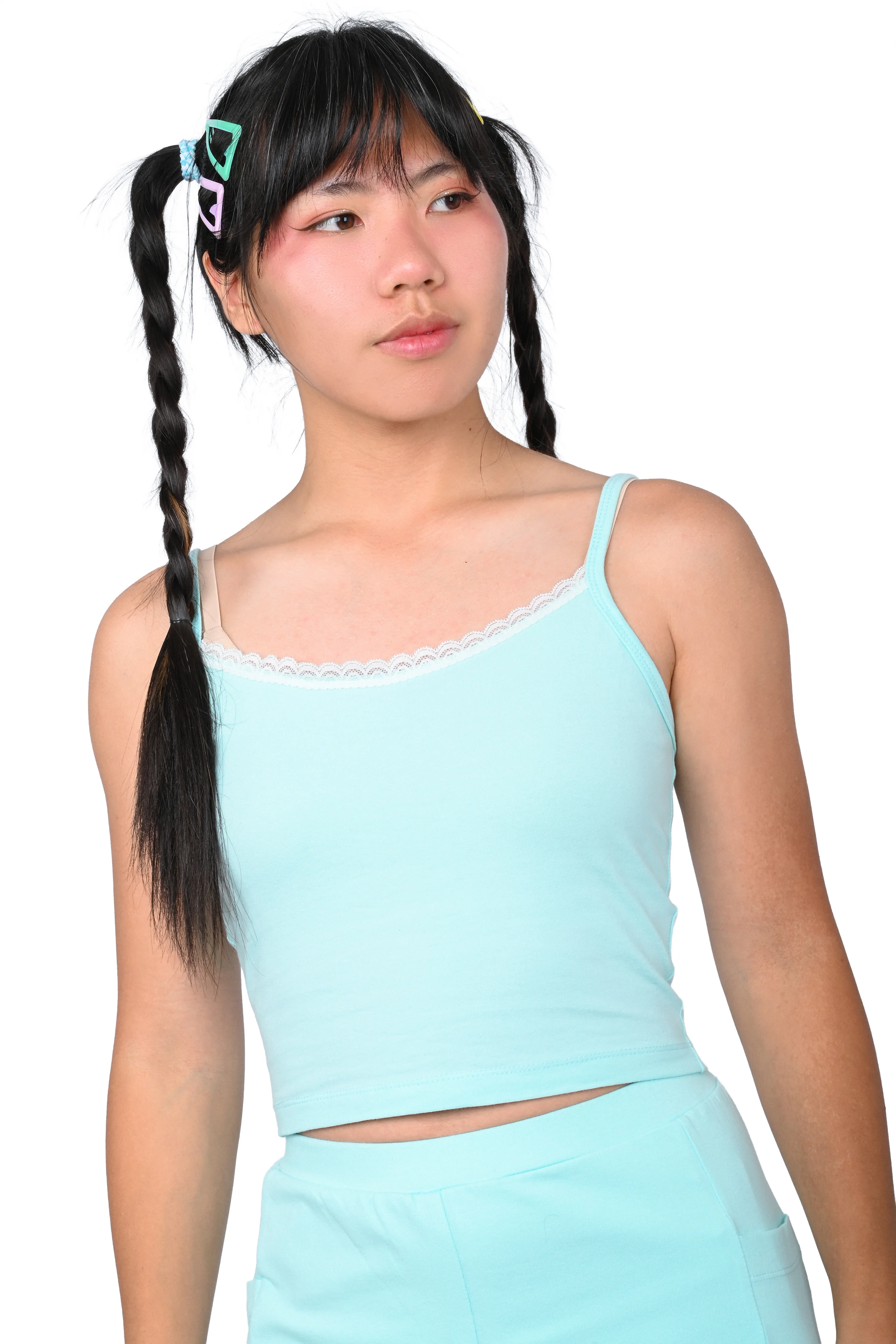 Basics Long Sleeve Mesh Top and Cami Set - Pink/Mint - Image 4