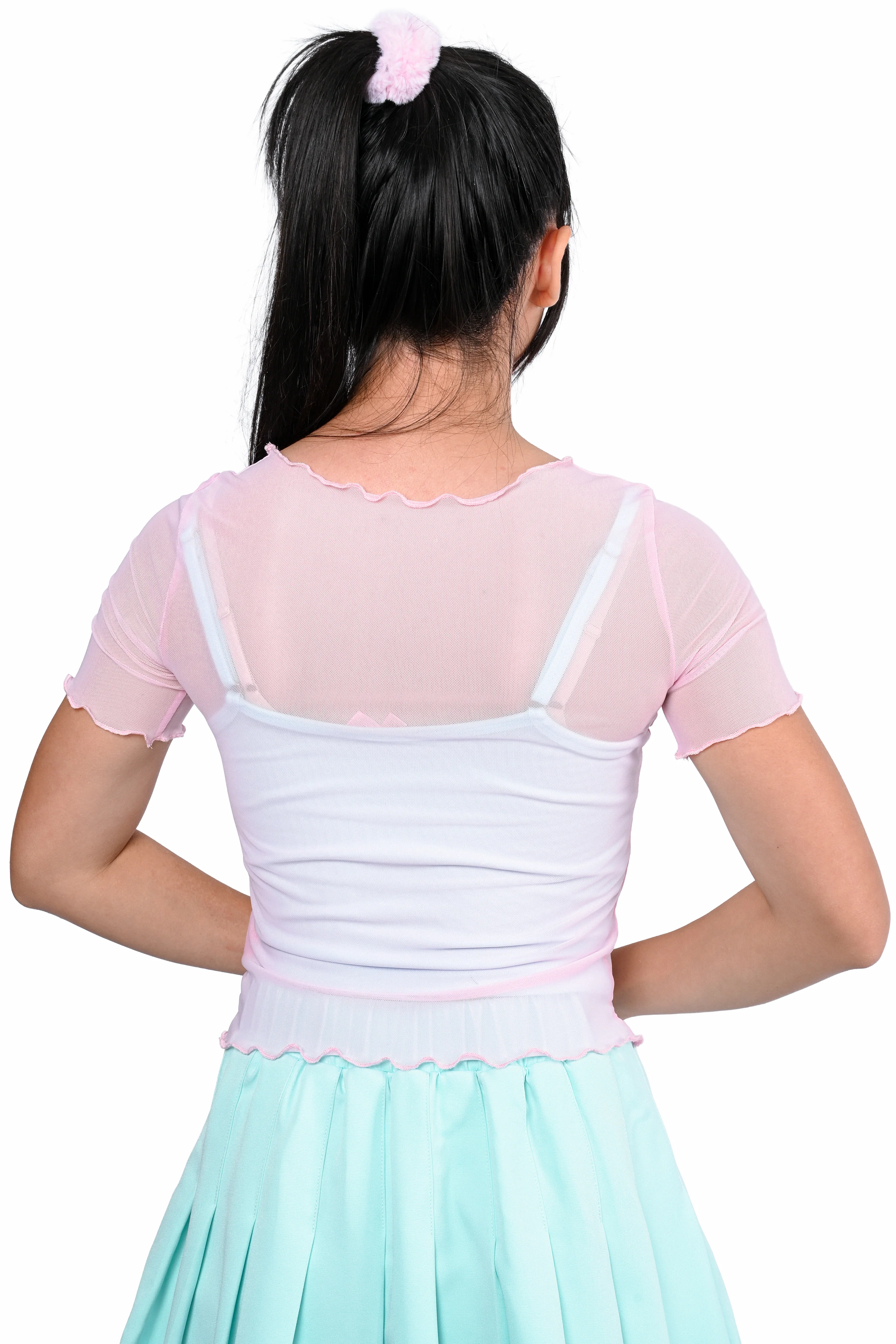 Basics Short Sleeve Mesh Top and Cami Set - Pink/Mint - Image 4