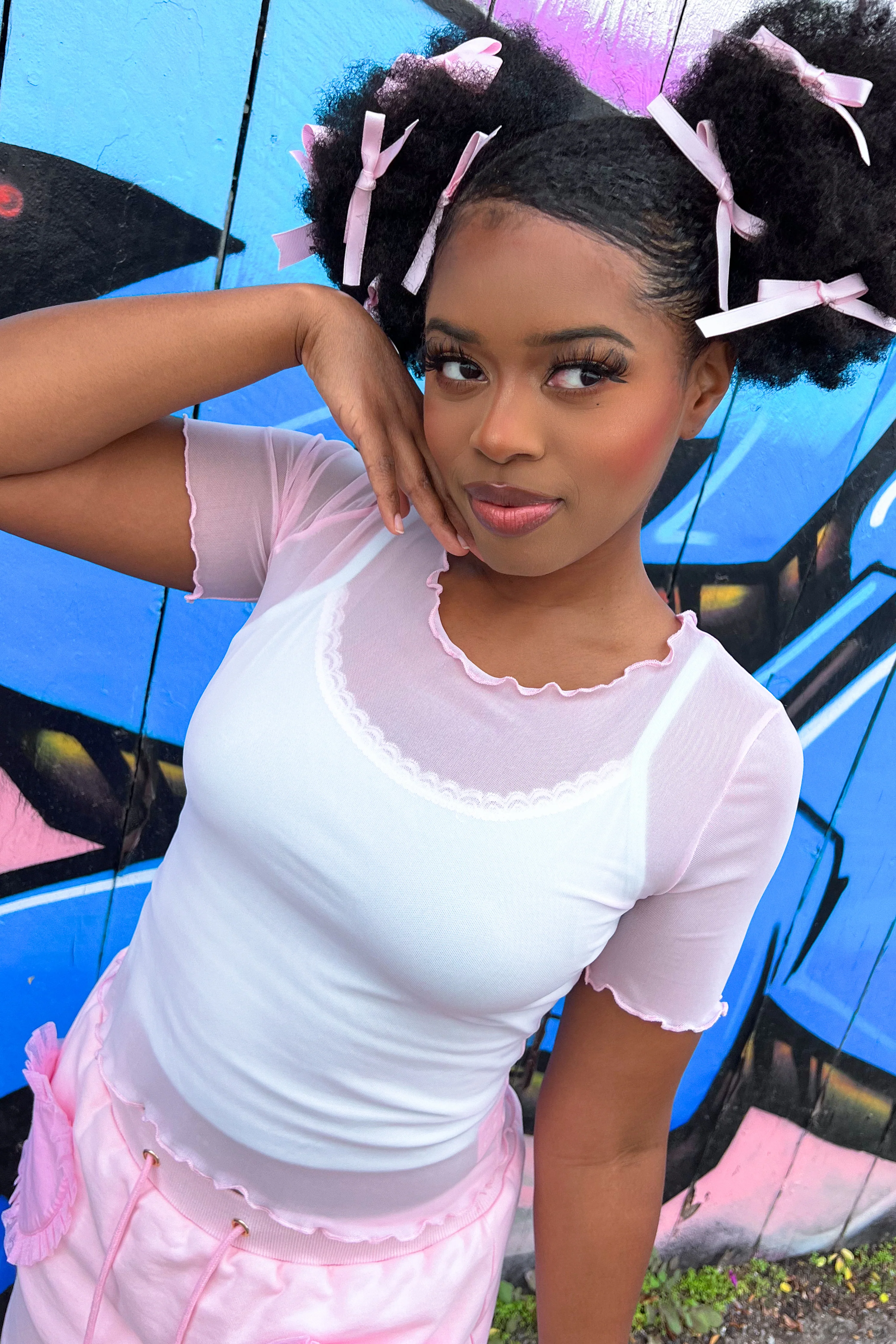 Basics Short Sleeve Mesh Top and Cami Set - Pink/Mint - Image 9