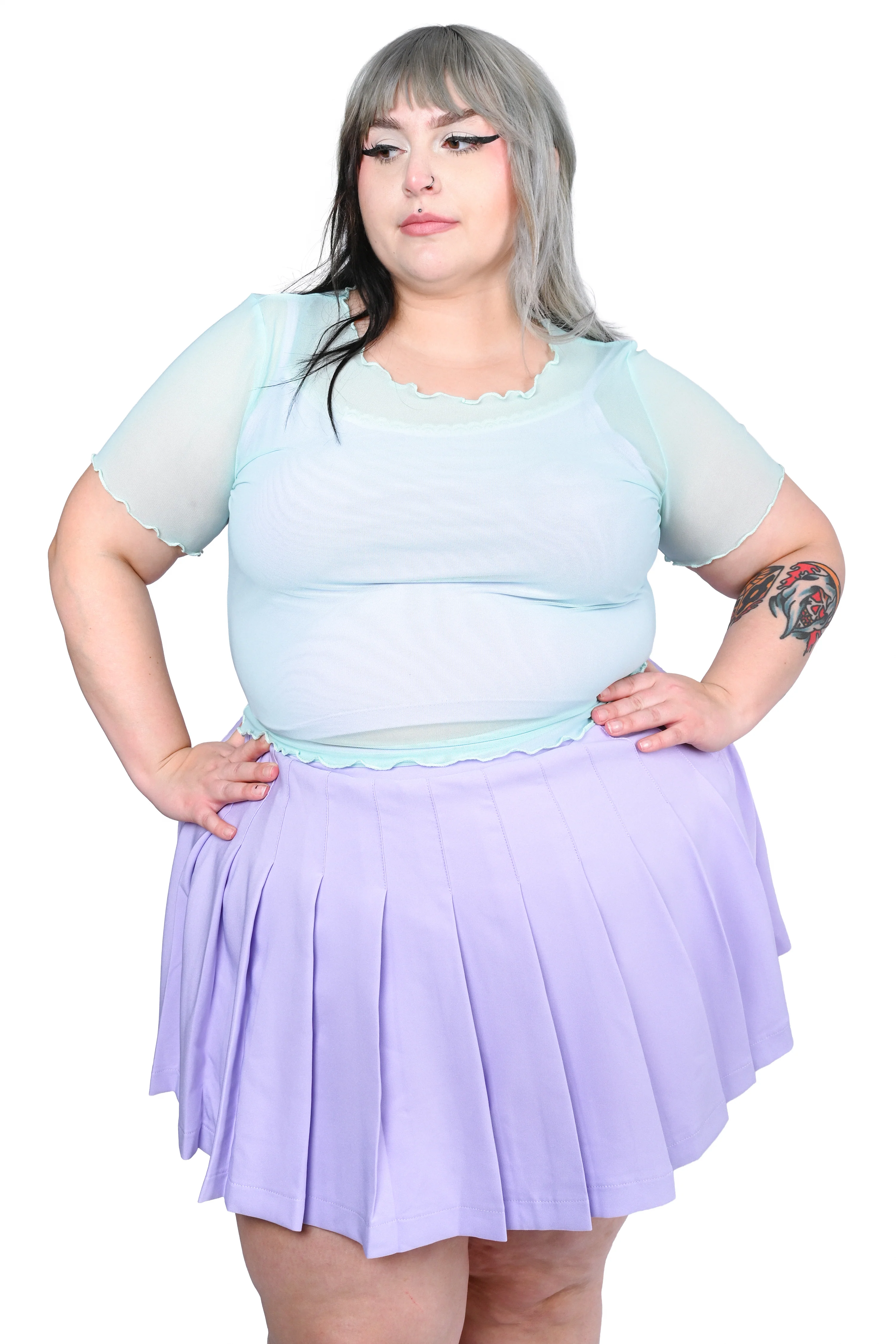 Basics Short Sleeve Mesh Top and Cami Set - Mint/Lav - Image 2