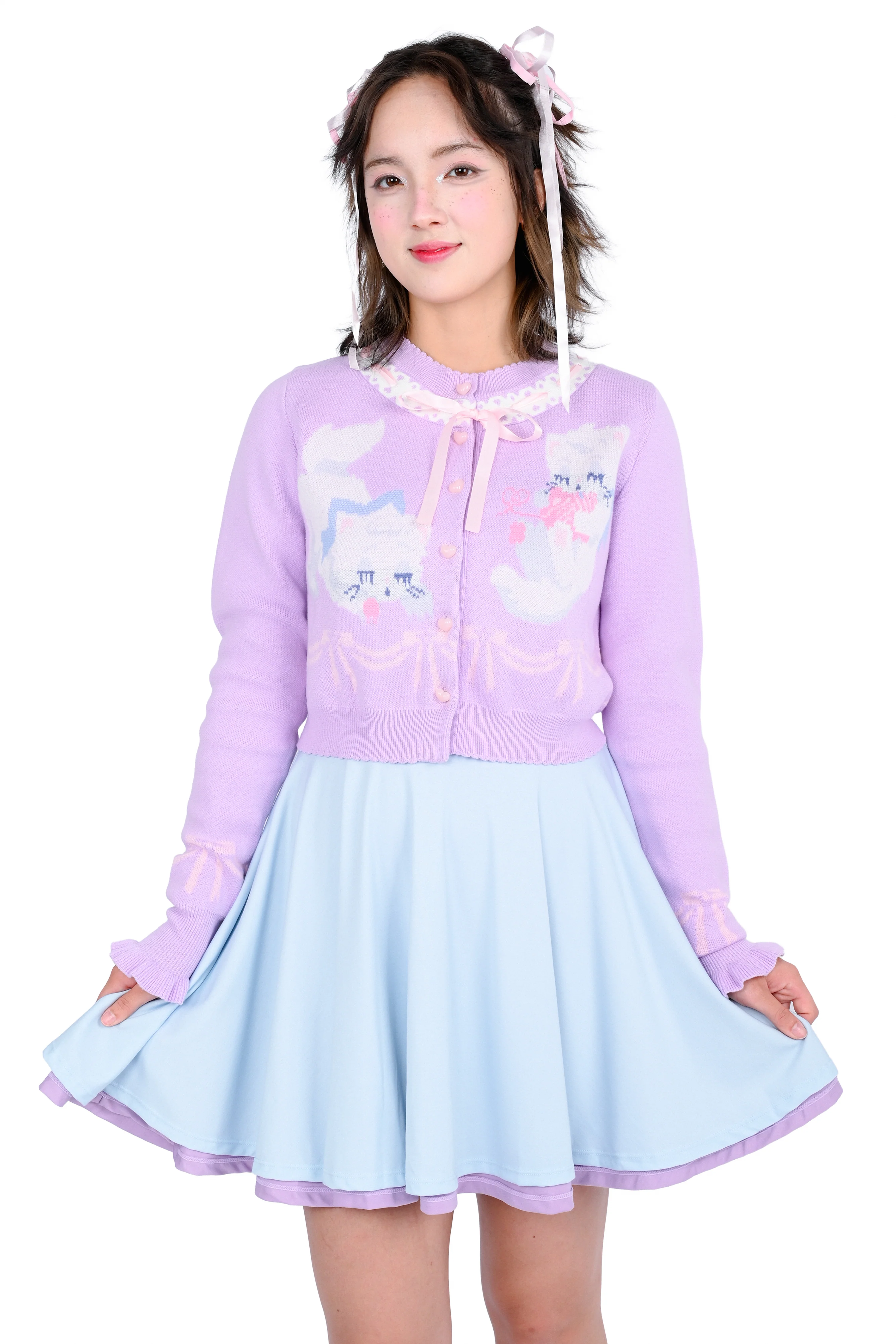 Sleepy Kittens Cropped Cardigan - Lilac - Image 4